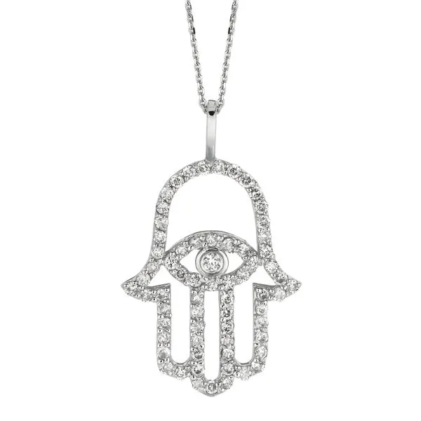 0.50 Carat Natural Diamond Hamsa Necklace 14K White Gold G SI 18'' chain