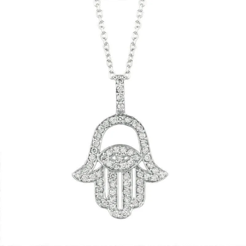 0.61 Carat Natural Diamond Hamsa Necklace 14K White Gold G SI 18'' chain