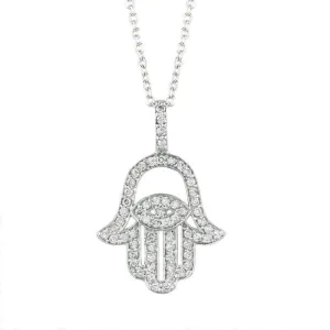 0.61 Carat Natural Diamond Hamsa Necklace 14K White Gold G SI 18'' chain