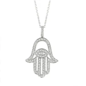0.88 Carat Natural Diamond Hamsa Necklace 14K White Gold G SI 18'' chain