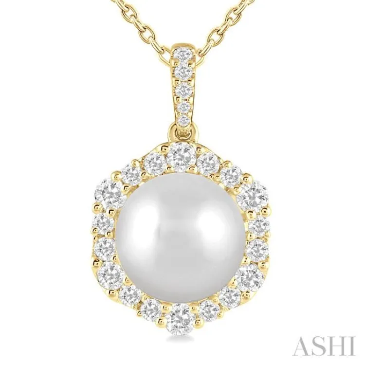 10 MM Cultured Pearl and 5/8 ctw Hexagon Shape Round Cut Diamond Pendant With Chain in 14K Yellow Gold