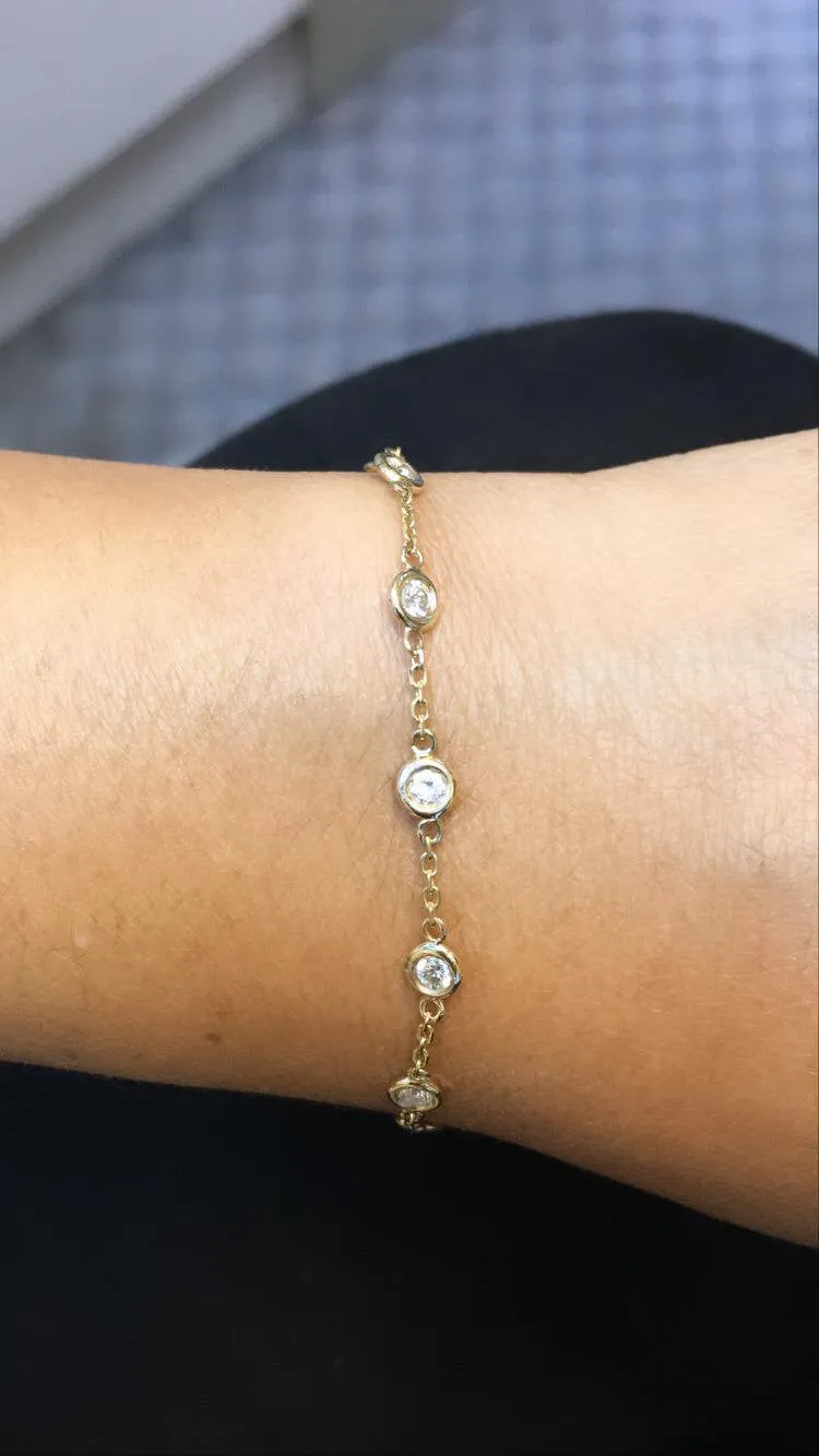 1.00 Carat Natural Diamond Bezel Bracelet G SI 14K Yellow Gold 14 stones 7 ''
