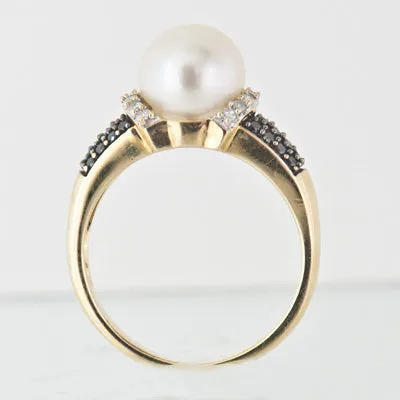 10K Gold Ladies Pearl, Diamond and Onyx Ring