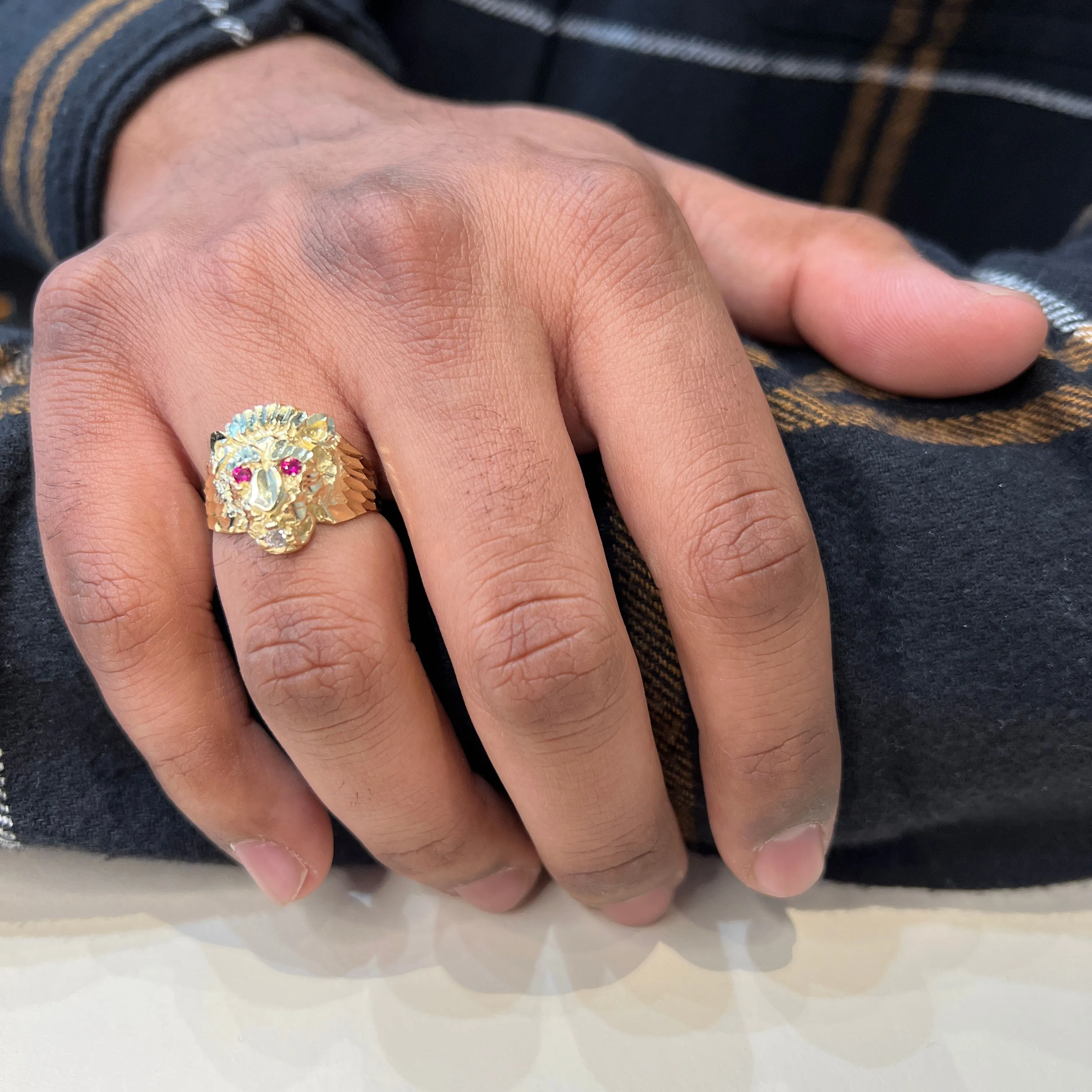 10K Yellow Gold (Medium) CZ Lion Head Mens Ring
