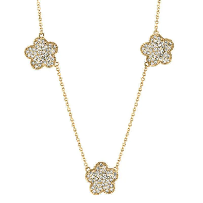 1.19 Carat Natural Diamond Floral Cluster Necklace 14K Yellow Gold G SI