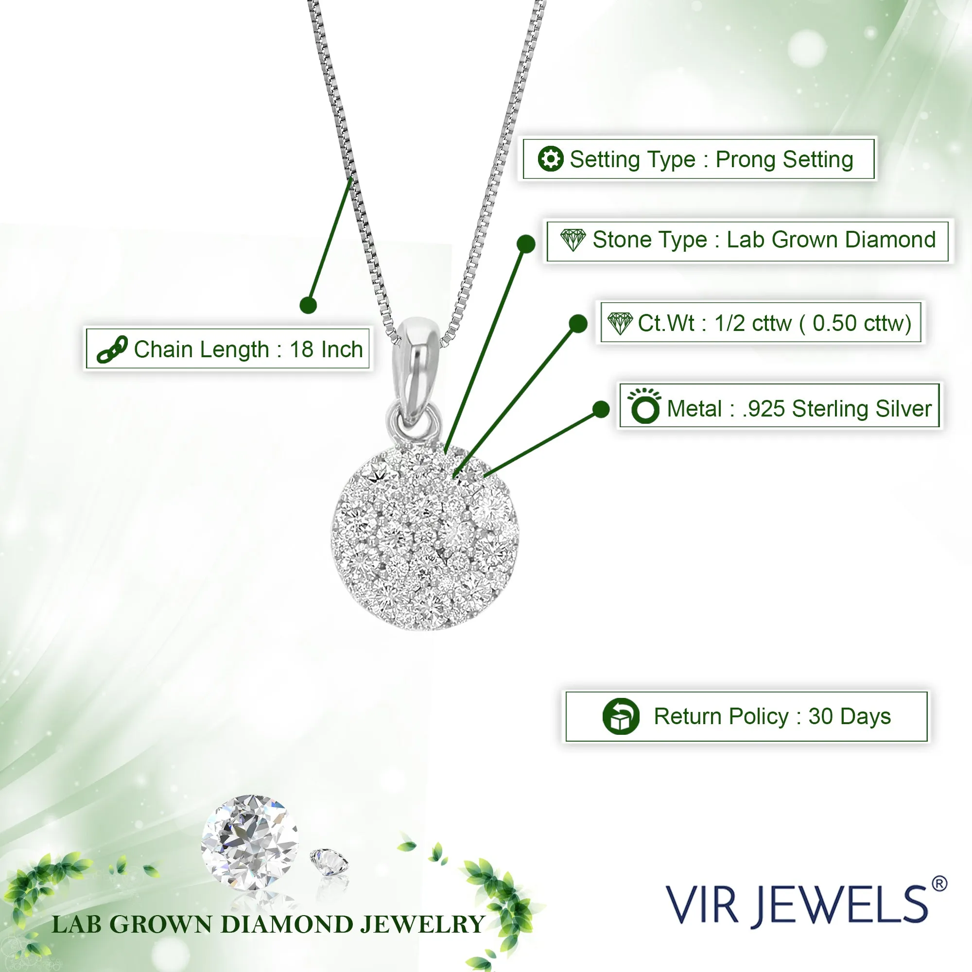 1/2 cttw Lab Grown Diamond Composite Pendant Necklaces in Silver