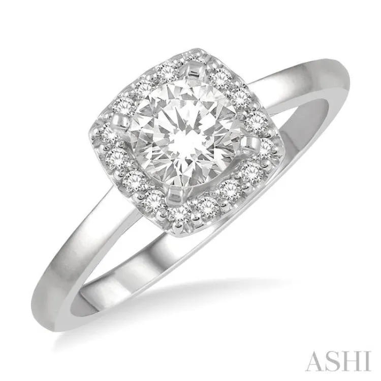 1/3 ctw Cushion Shape Halo Diamond Engagement Ring With 1/4 ct Round Cut Diamond Center Stone in 14K White Gold