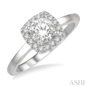 1/3 ctw Cushion Shape Halo Diamond Engagement Ring With 1/4 ct Round Cut Diamond Center Stone in 14K White Gold