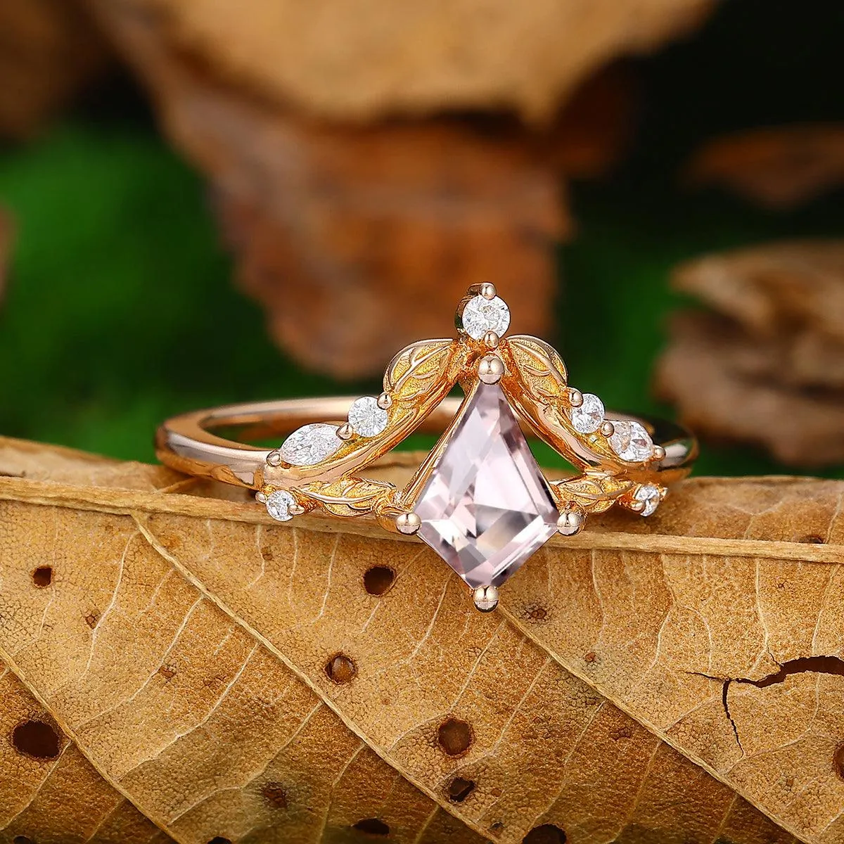 1.35 CT Kite Cut Art Deco 14k Gold Natural Pink Morganite Leaf Diamond Crown Shank