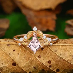 1.35 CT Kite Cut Art Deco 14k Gold Natural Pink Morganite Leaf Diamond Crown Shank