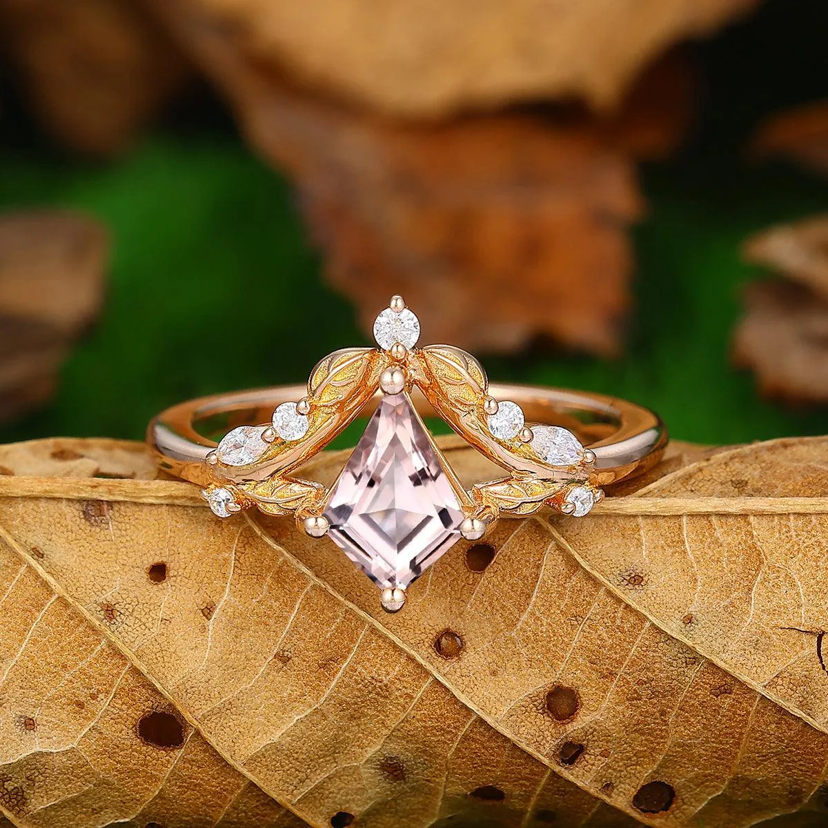1.35 CT Kite Cut Art Deco 14k Gold Natural Pink Morganite Leaf Diamond Crown Shank
