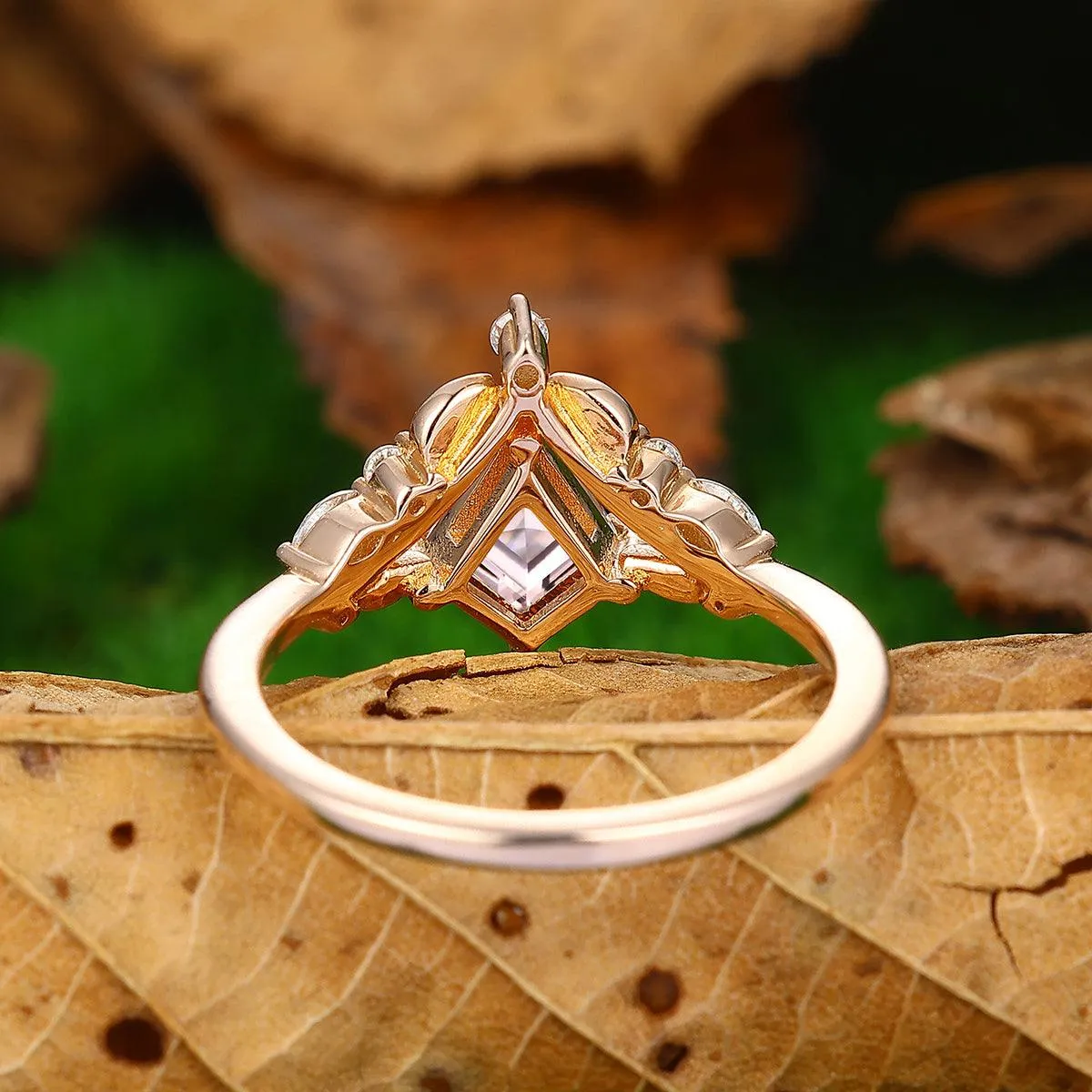 1.35 CT Kite Cut Art Deco 14k Gold Natural Pink Morganite Leaf Diamond Crown Shank