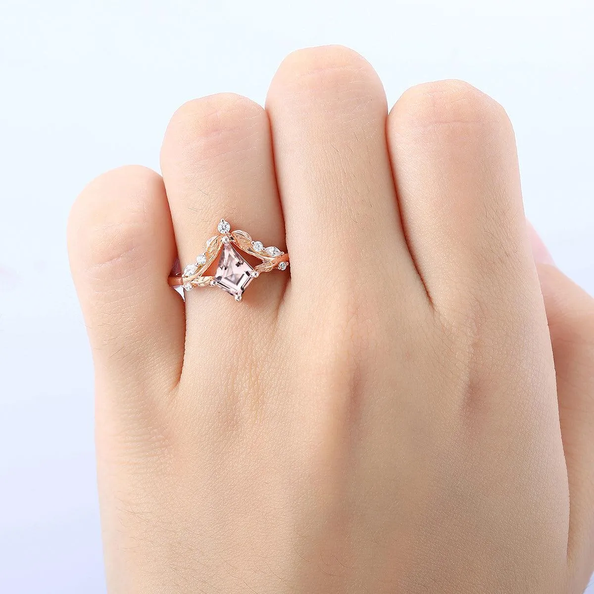 1.35 CT Kite Cut Art Deco 14k Gold Natural Pink Morganite Leaf Diamond Crown Shank