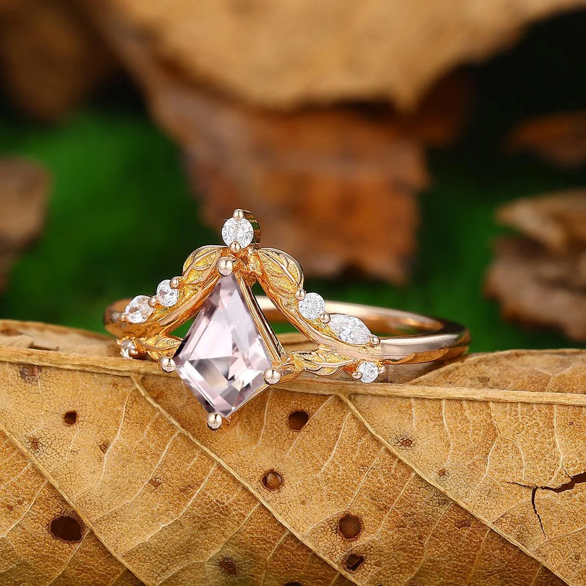 1.35 CT Kite Cut Art Deco 14k Gold Natural Pink Morganite Leaf Diamond Crown Shank