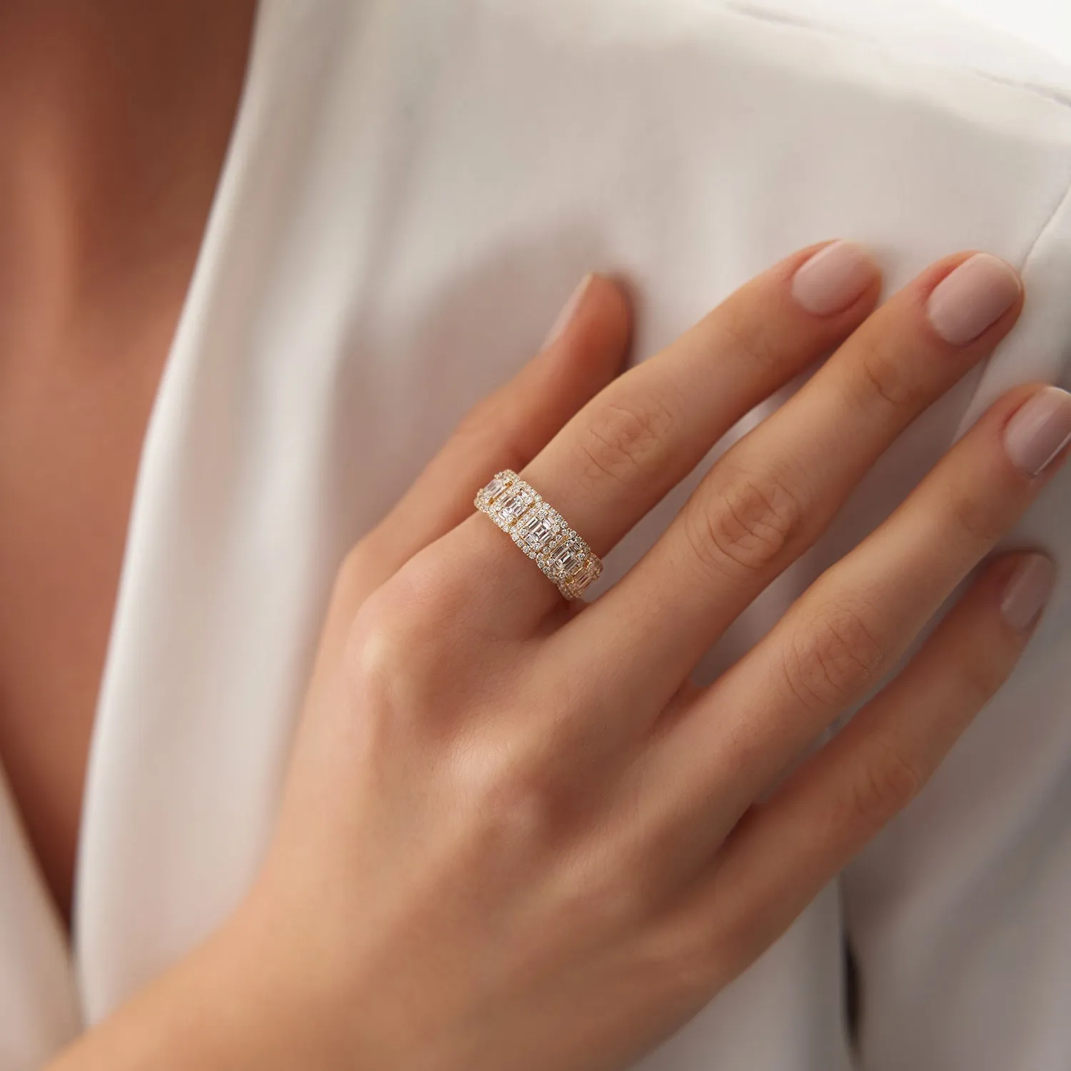 14k Baguette and Round Halo Diamond Ring