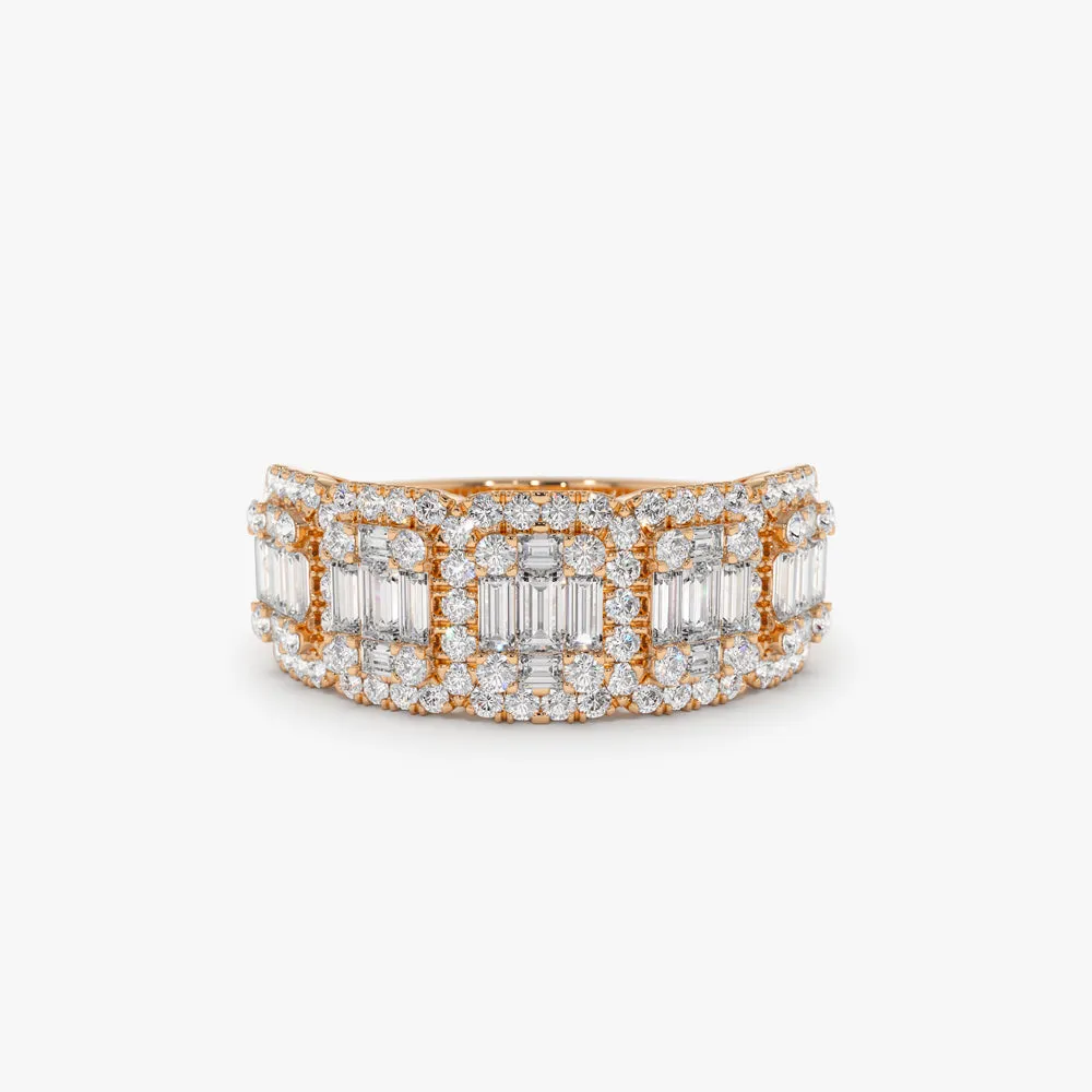 14k Baguette and Round Halo Diamond Ring