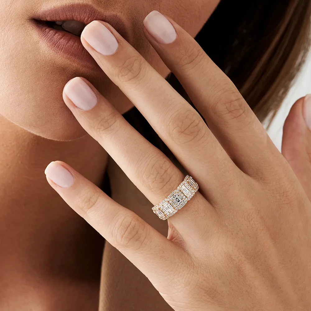 14k Baguette and Round Halo Diamond Ring