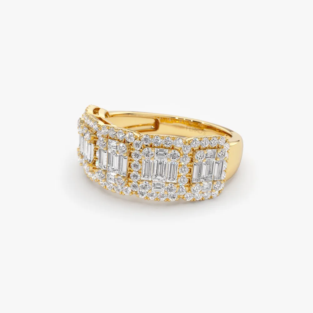 14k Baguette and Round Halo Diamond Ring