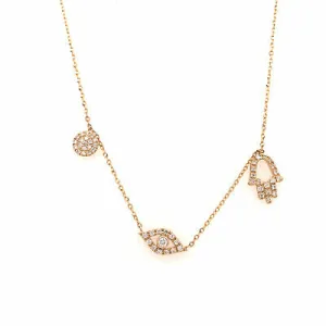 14K Diamond Eye, Circle, Hand Hamsa Necklace Yellow Gold