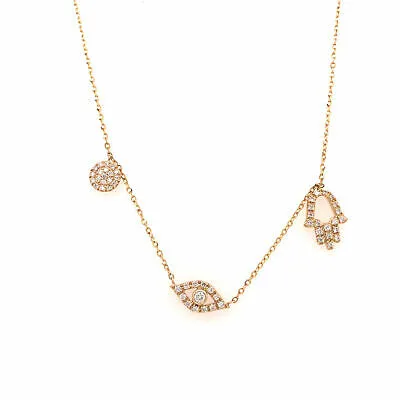 14K Diamond Eye, Circle, Hand Hamsa Necklace Yellow Gold