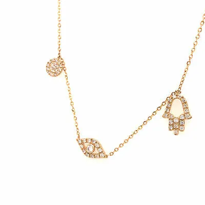14K Diamond Eye, Circle, Hand Hamsa Necklace Yellow Gold