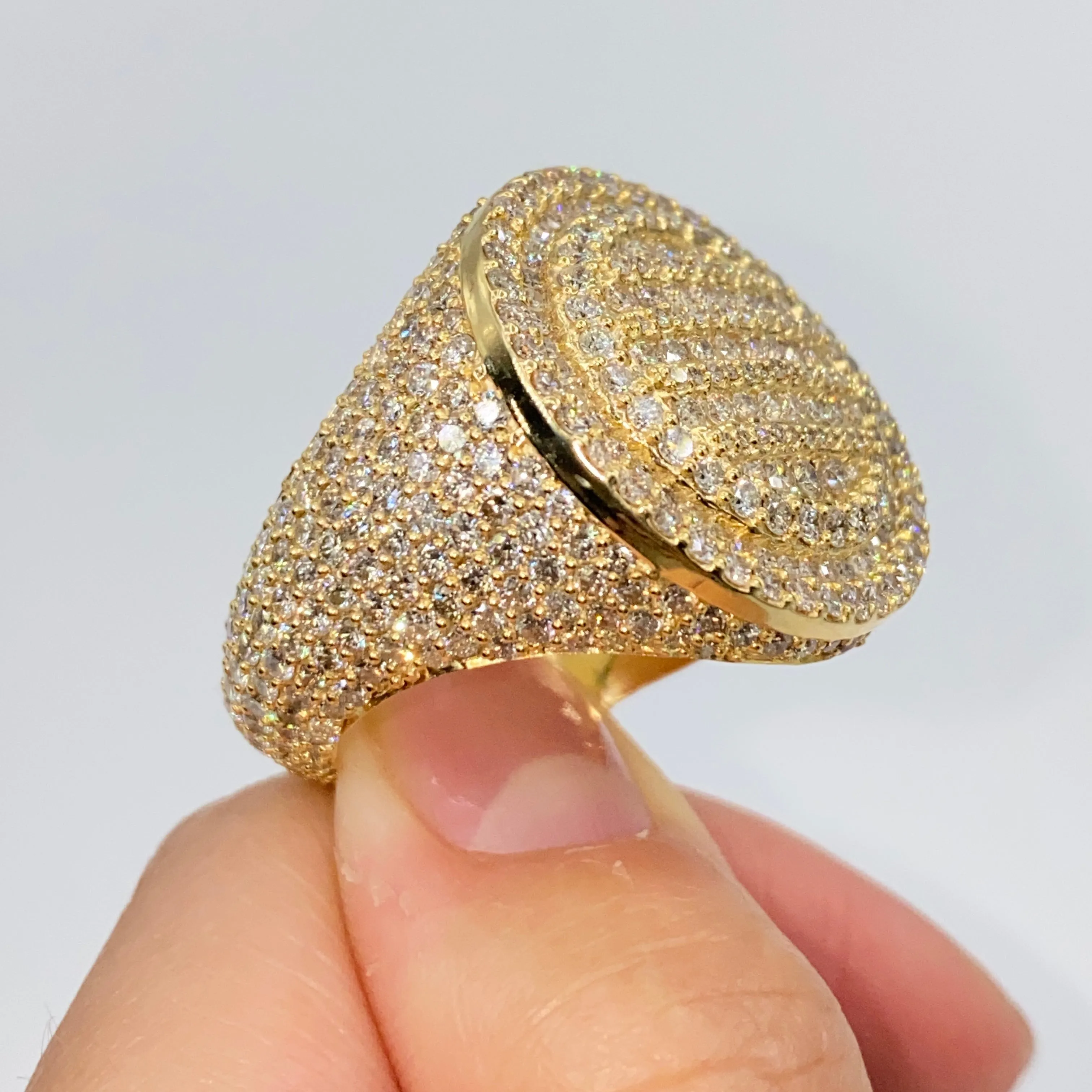 14K Iced Circle Pave Diamond Signet Ring