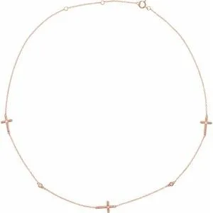 14K Rose 1/10 CTW Diamond 5-Station Cross Adjustable 16-18” Necklace