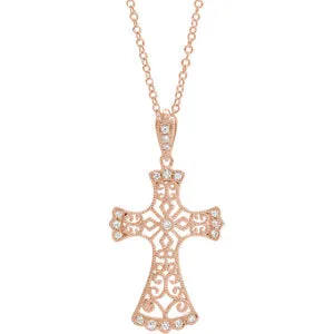 14K Rose 1/10 CTW Diamond Vintage-Inspired Cross Necklace
