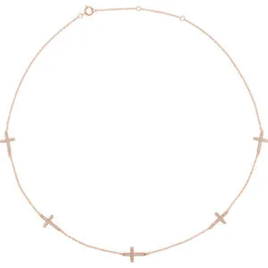 14K Rose 1/8 CTW Diamond 5-Station Cross Adjustable 16-18” Necklace