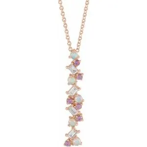 14K Rose Ethiopian Opals, Pink Sapphires & 1/8 CTW Diamond Scattered Bar 16-18" Necklace