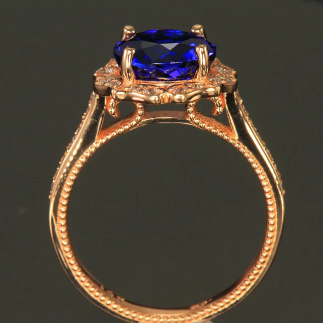 14K Rose Gold Round Brilliant Tanzanite and Diamonds Ring by Christopher Michael  3.44 Carats