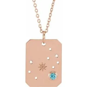 14K Rose Natural Blue Zircon & .01 Natural Diamond Scorpio Constellation 16-18" Necklace