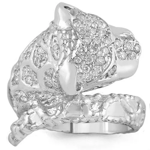 14K Solid White Gold Womens Diamond Tiger Animal Ring 0.55 Ctw