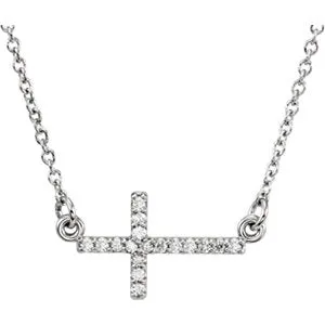 14K White .08 CTW Diamond Sideways Cross 16-18" Necklace