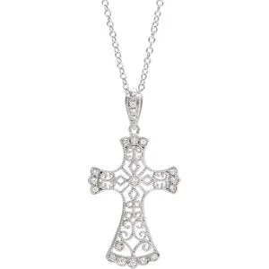 14K White 1/10 CTW Diamond Vintage-Inspired Cross Necklace