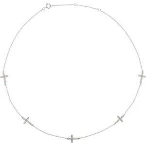 14K White 1/8 CTW Diamond 5-Station Cross Adjustable 16-18” Necklace