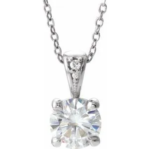 14K White 6.5 mm Round Forever One™ Moissanite & .01 CTW Diamond 16-18" Necklace