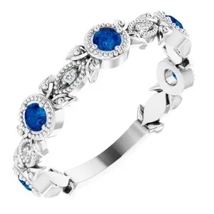 14K White Blue Sapphire & .03 CTW Diamond Leaf Ring
