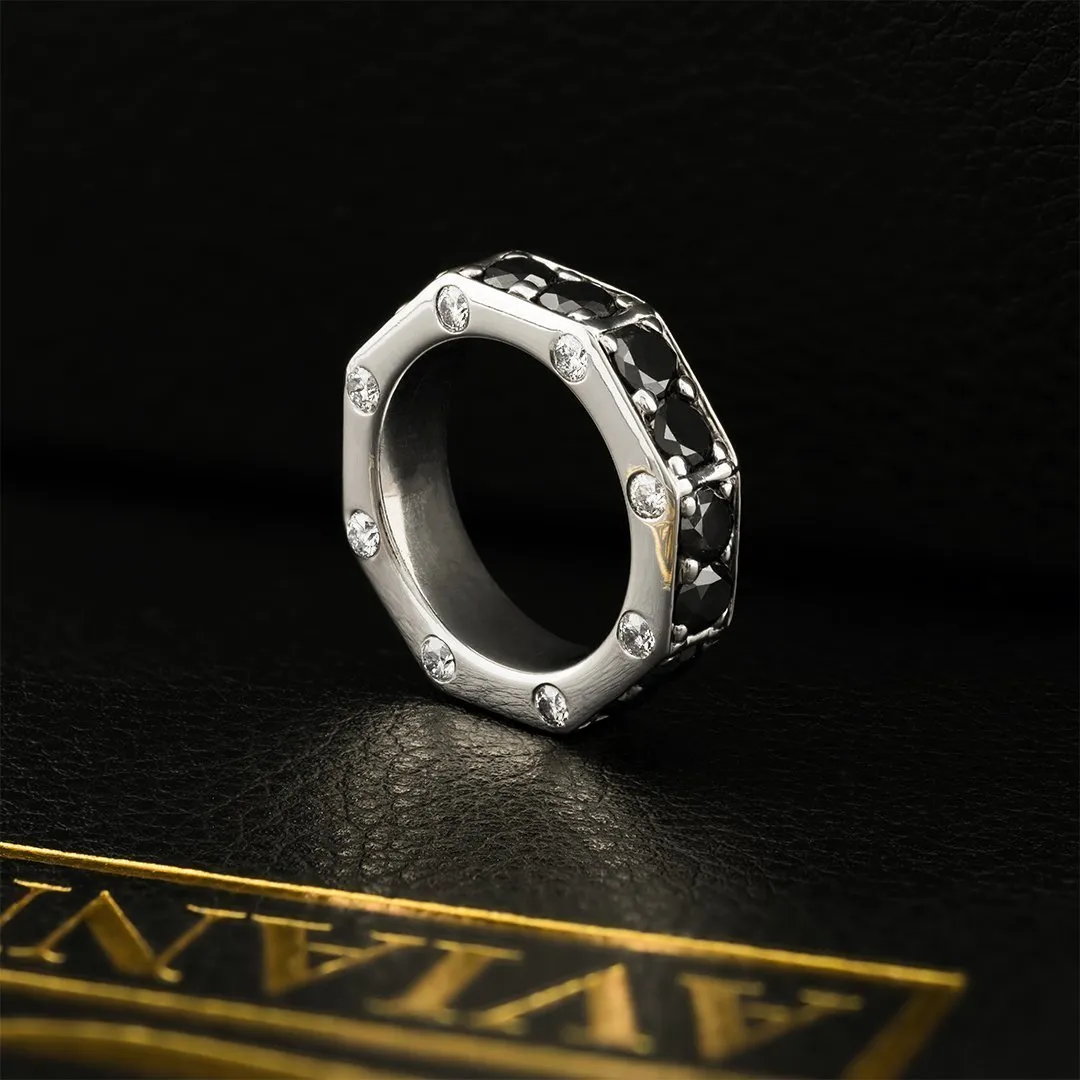 14k White Gold Black Diamond Octagon Ring 6.50 Ctw