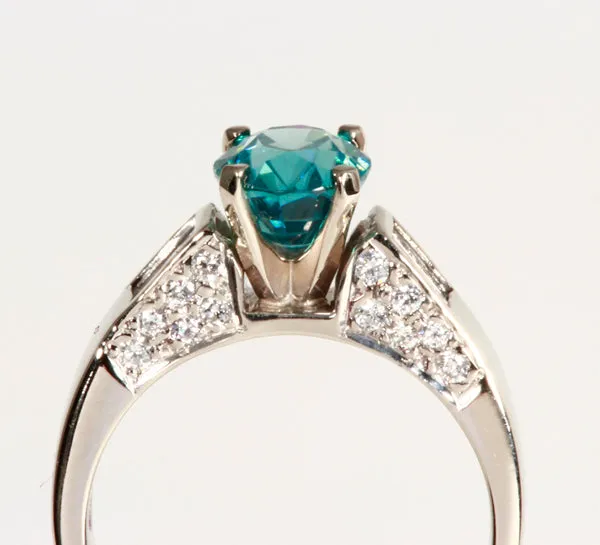 14K White Gold Blue Zircon and Diamond Ring 2.87 Carats