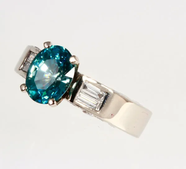 14K White Gold Blue Zircon and Diamond Ring 2.87 Carats