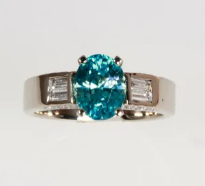 14K White Gold Blue Zircon and Diamond Ring 2.87 Carats