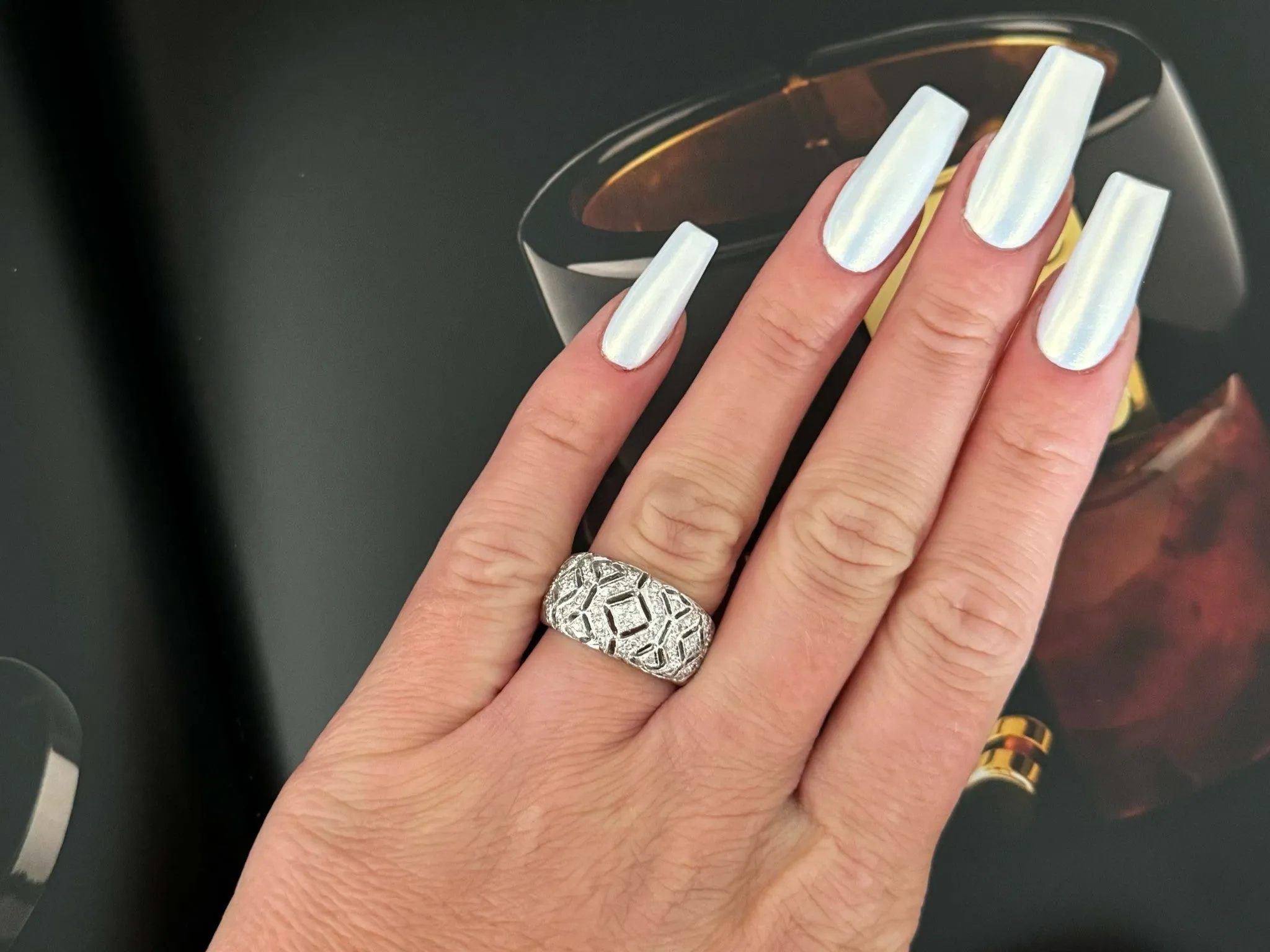 14k White Gold Concave Band Diamond Ring