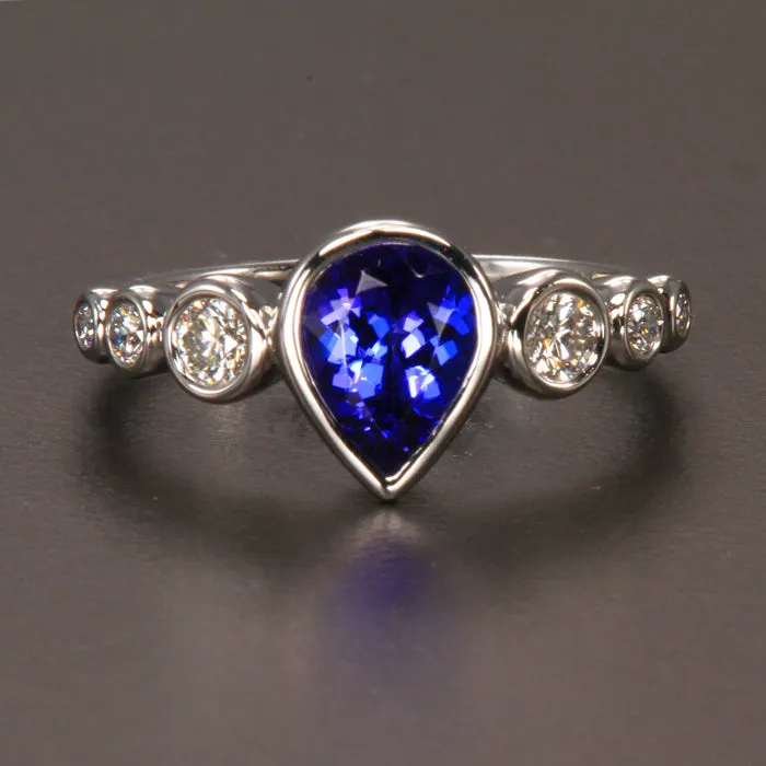 14K White Gold Pear Shape Tanzanite and Diamond Ring 1.15 Carats