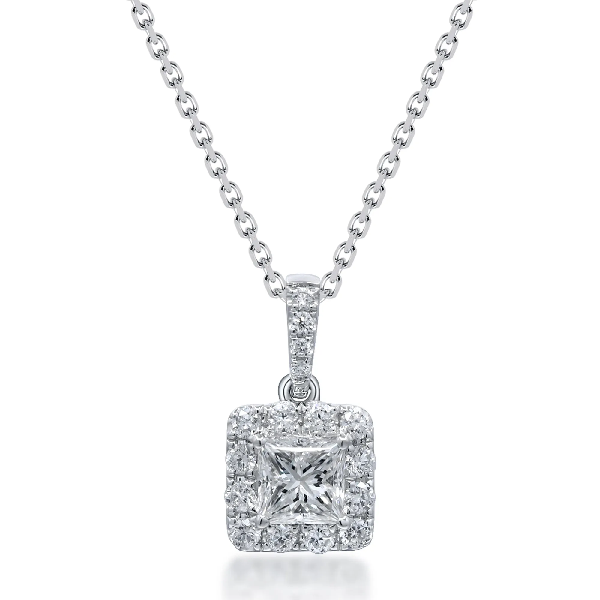 14k White Gold Princess Diamond Pendant Necklace