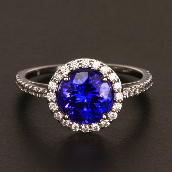 14k White Gold Round Tanzanite and Diamond Ring 2.05 Carats