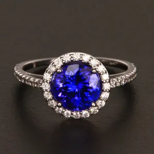 14k White Gold Round Tanzanite and Diamond Ring 2.05 Carats