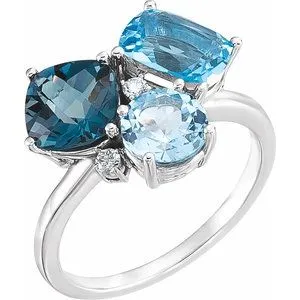 14K White Swiss, London, & Sky Blue Topaz & .05 CTW Diamond Ring
