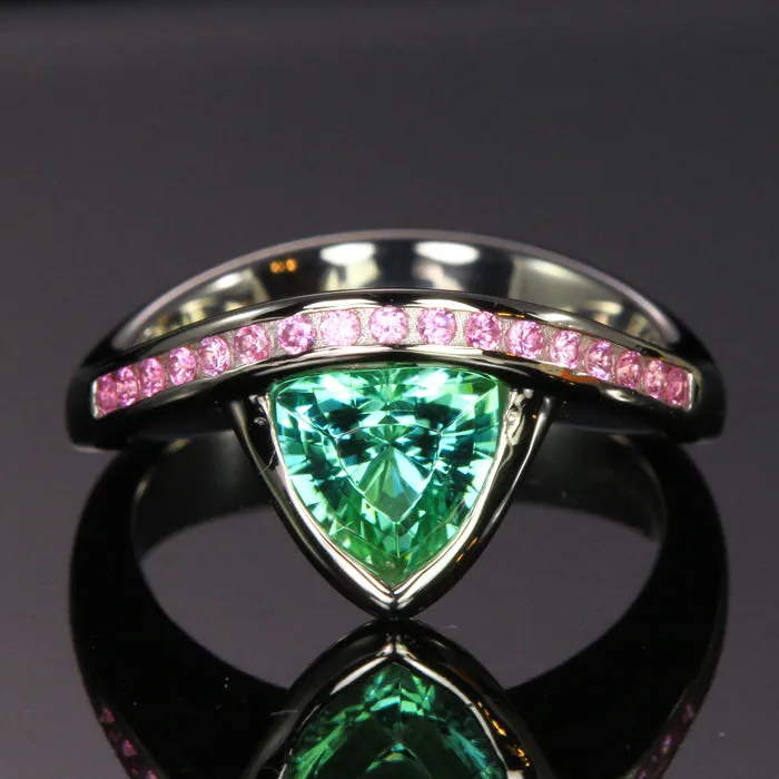 14K Whte Gold Green Trilliant Tourmaline Ring with Pink Sapphires