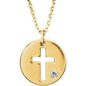 14K Yellow .03 CTW Diamond Pierced Cross Disc 16-18" Necklace